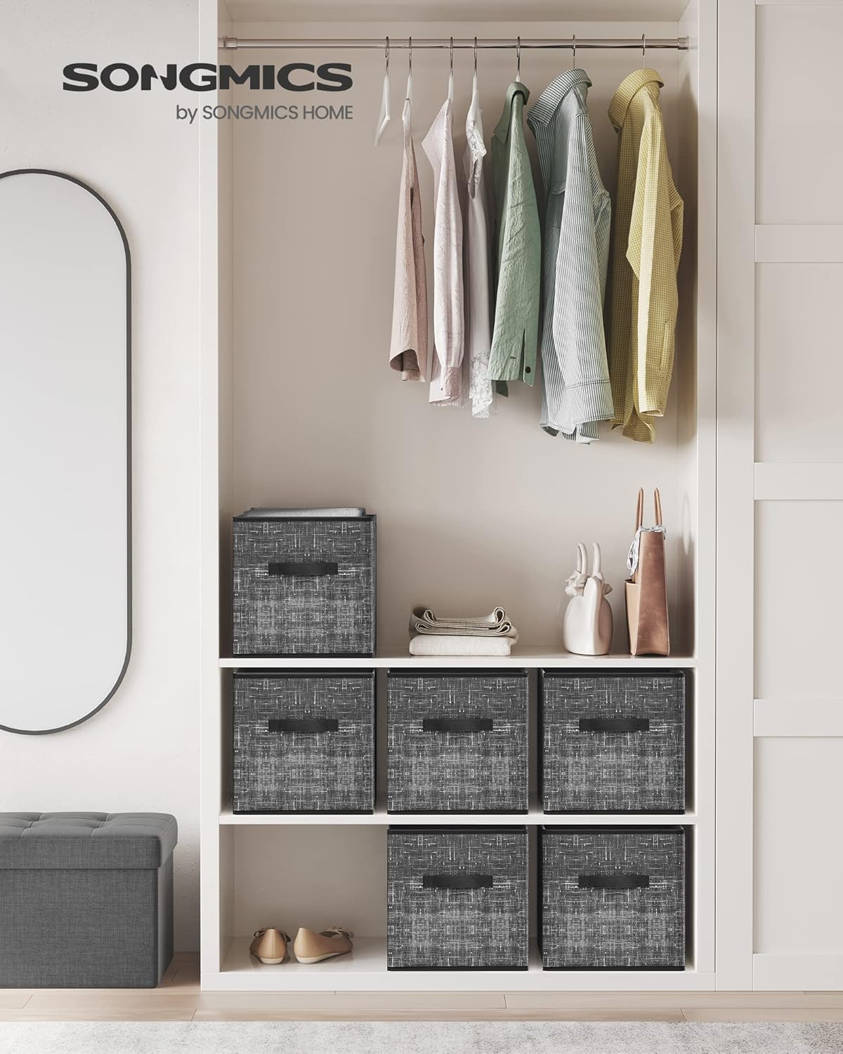 SONGMICS Storage Cubes - 11.8-Inch Foldable Non-Woven Fabric Bins | Set of 6 Closet Organizers in Classic Black