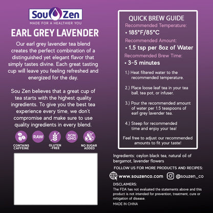 Sou Zen Earl Grey Lavender Tea Loose Leaf Blend 4oz (113g) | Premium Quality Tea Leaves and Flowers | Raw and Naturally Organic Ingredients | Energizing and Revitalizing Tea with No Additives