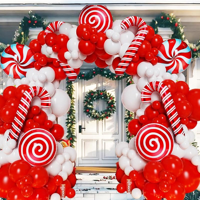 Christmas Balloon Garland Arch Kit with Red and White Candy Cane Balloons