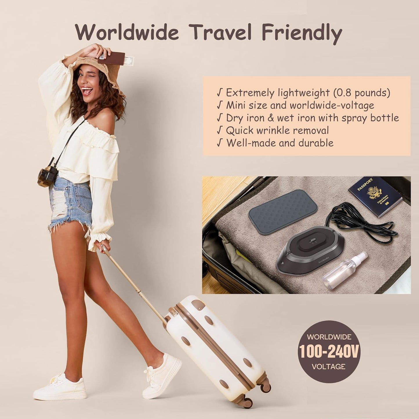 Newbealer Travel Iron - Mini Dry Iron with Global Voltage, 300W Power, Non-Stick Soleplate, 0.8lbs (Brown)