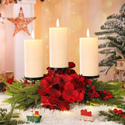 LemonRoad Christmas Table Centerpiece - 24 Inch Artificial Hydrangea Candelabrum with Candle Holders, Pine Needles & Berries