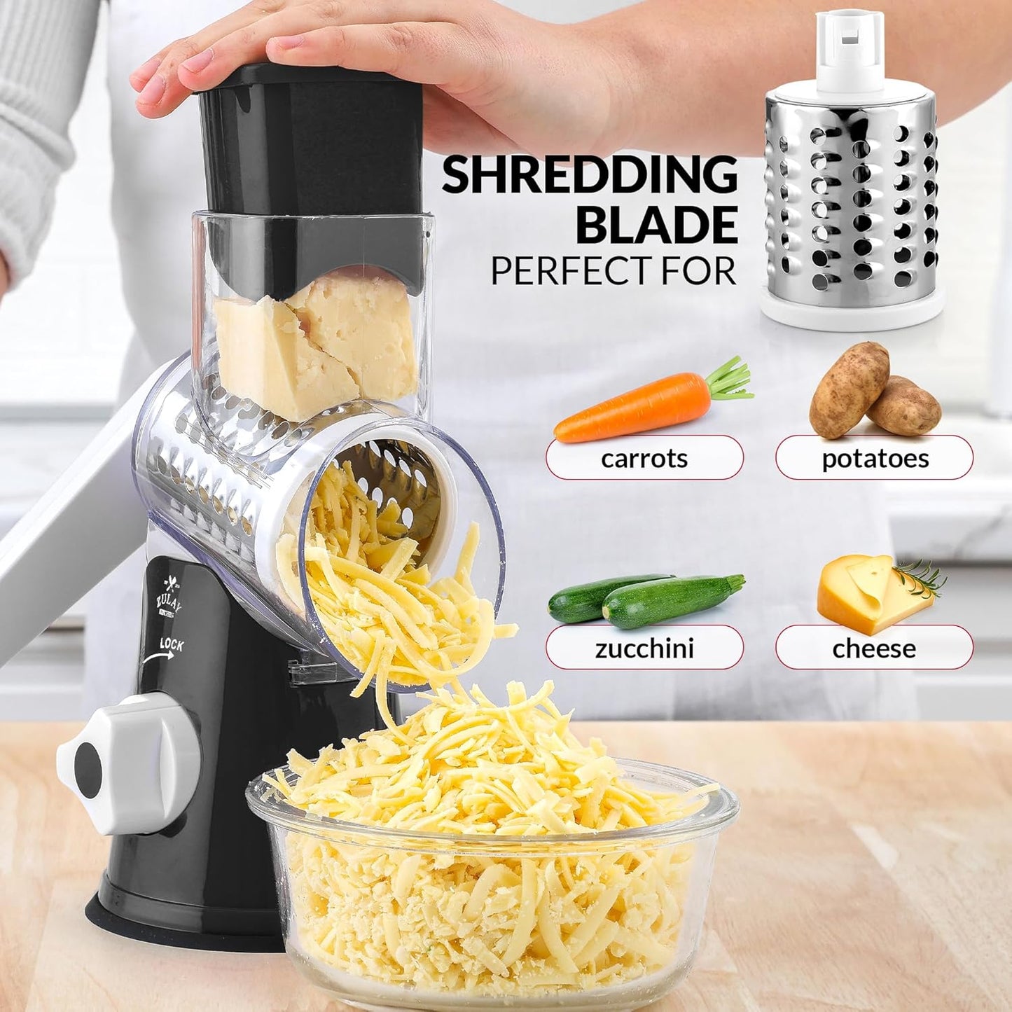 Zulay Rotary Cheese Grater - Manual Hand Crank Shredder with 3 Blades & Reinforced Suction - Black