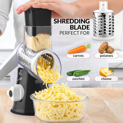 Zulay Rotary Cheese Grater - Manual Hand Crank Shredder with 3 Blades & Reinforced Suction - Black