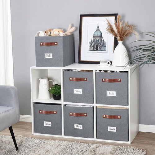 DECOMOMO Storage Bins - Fabric Cube Storage Bins with Labels for Shelves | 11" | 6pcs, Texture Grey