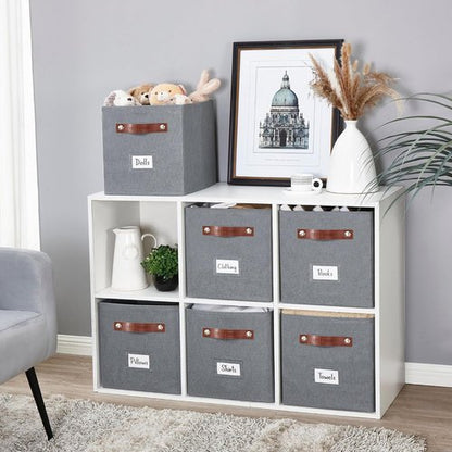 DECOMOMO Storage Bins - Fabric Cube Storage Bins with Labels for Shelves | 11" | 6pcs, Texture Grey