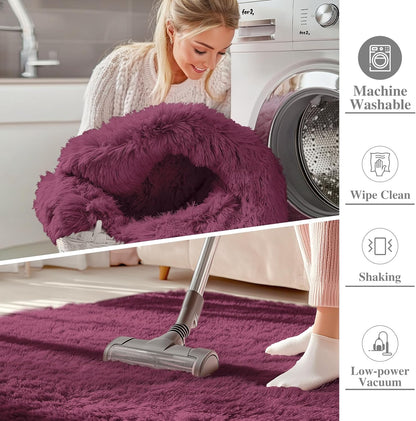 OLANLY 2x6 Machine Washable Runner Rug - Soft Fluffy Shaggy Carpet for Bedroom & Hallway | Burgundy