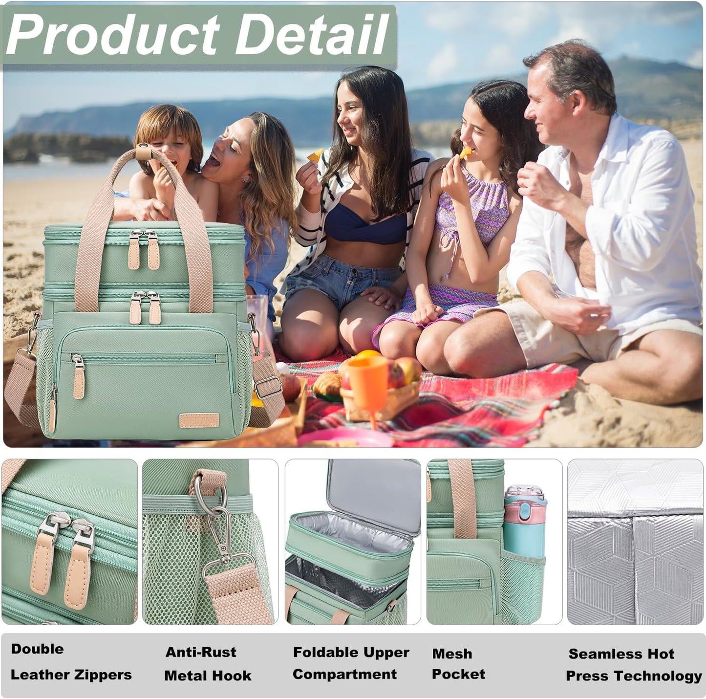 Weitars Insulated Lunch Box | Waterproof Dual Compartment Tote Cooler Bag (15L) - Green