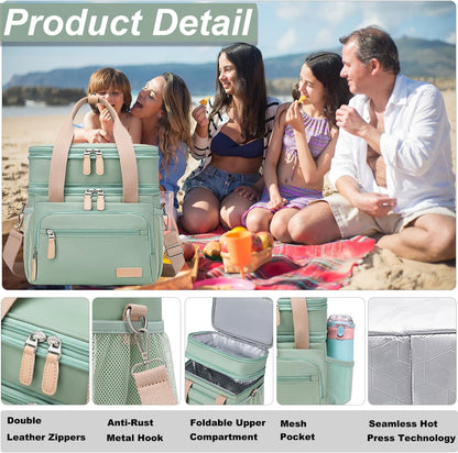 Weitars Insulated Lunch Box | Waterproof Dual Compartment Tote Cooler Bag (15L) - Green