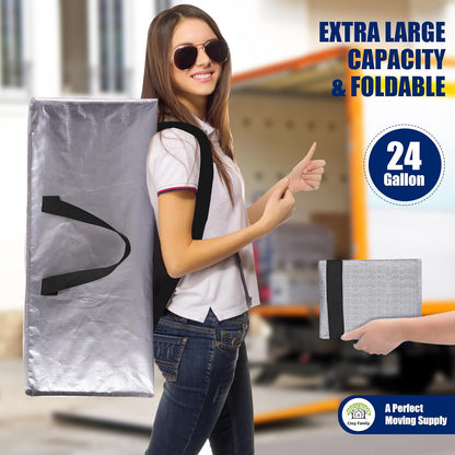 Cosy Family Heavy Duty Moving Bags - 12 Pack with Backpack Straps & Strong Zippers | X-Large Silver Storage Totes