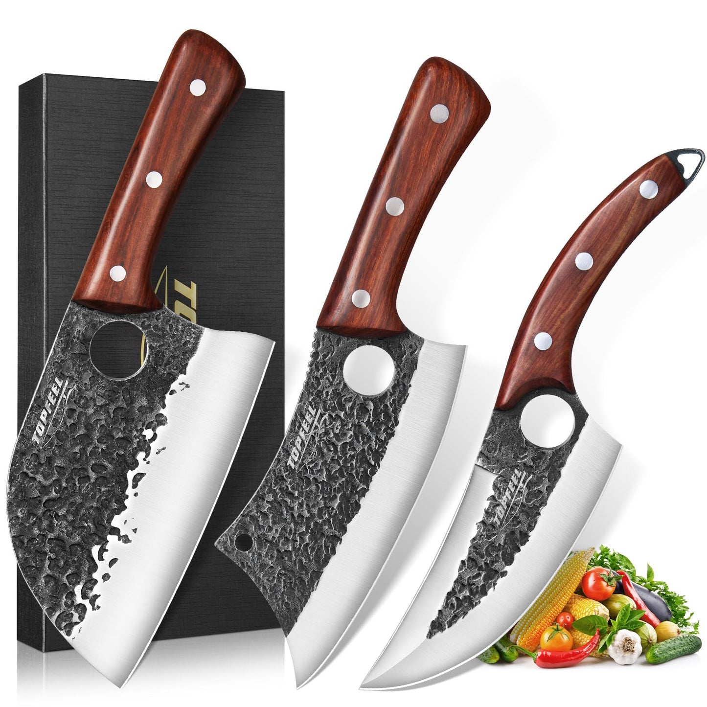Topfeel 3PCS Butcher Knife Set, Hand Forged Serbian Chef Knives & Meat Cleaver & Viking Knives, Meat Cutting Kitchen Knife Set for Home, Outdoor Cooking, Camping BBQ Gift Idea Men