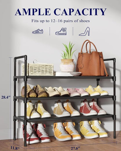 Kitsure Shoe Rack - 3-Tier Organizer for Closet & Entryway | Easy Assembly, 27.6" Wide, Black