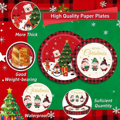 175Pcs Christmas Disposable Dinnerware Set – 25 Plates 9" & 7", Cups, Napkins & Cutlery, Red Holiday party supplies