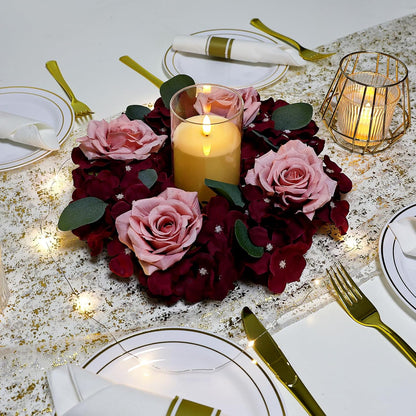 Skiennix Artificial Flower Candle Rings - 6-Inch Rose Floral Wreaths with Butterflies | Burgundy & Dusty Pink