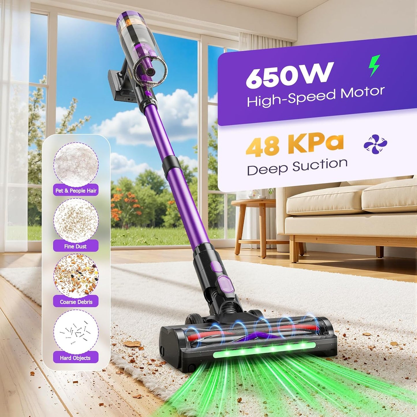 Skiennix Cordless Vacuum Cleaner - 650W 48KPa Lightweight Stick Vacuum with LED Display | Ideal for Pet Hair & Carpets