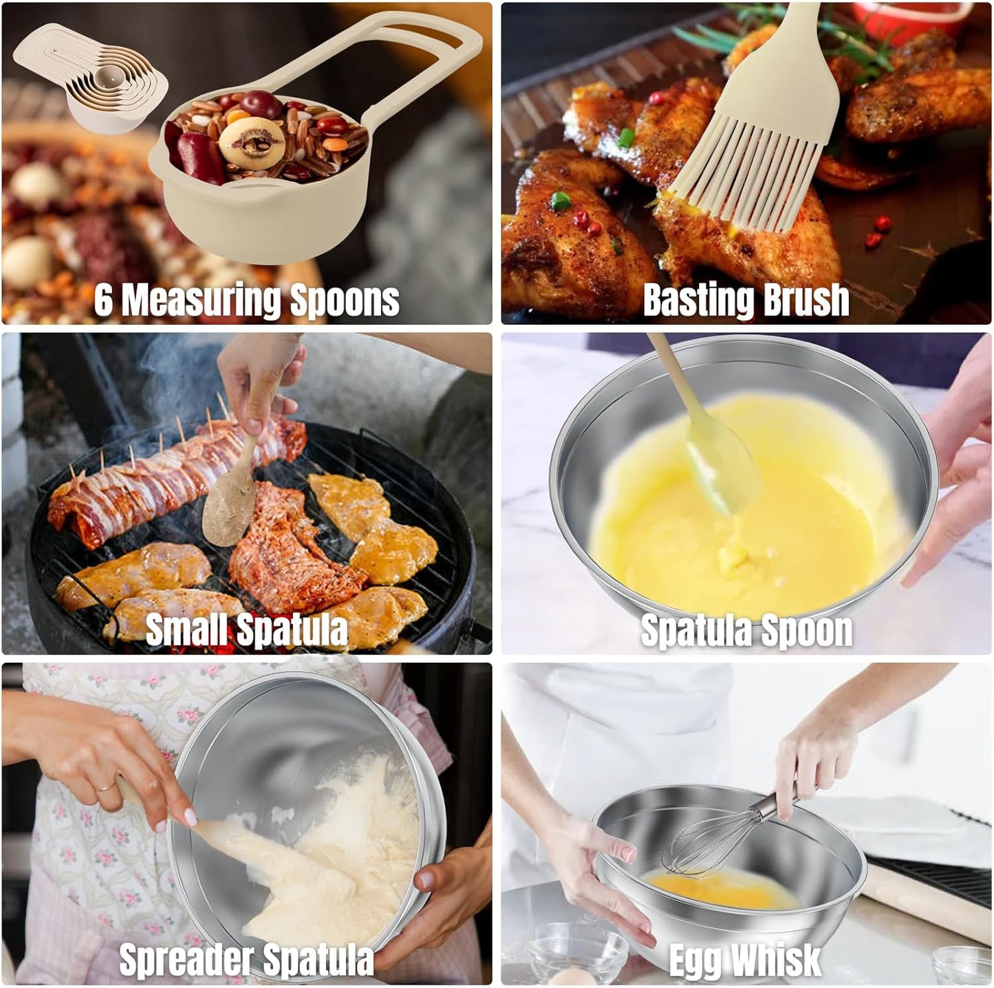 Stainless Steel Mixing Bowls Set by [Brand Name] - 7-Piece with Lids & Grater Attachments | Perfect for Cooking & Baking, Khaki