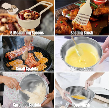 Stainless Steel Mixing Bowls Set by [Brand Name] - 7-Piece with Lids & Grater Attachments | Perfect for Cooking & Baking, Khaki