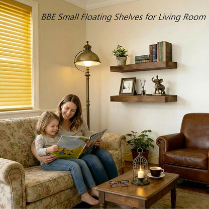 BBE Floating Shelves - Rustic Walnut Wall-Mounted Storage for Bathroom & Living Room | Set of 2, 16 Inch