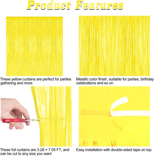 Backdrop Curtains by [Brand Name] - 2 Pack Metallic Foil Tinsel Fringe | Yellow 3.28 FT x 7.05 FT Party Decorations