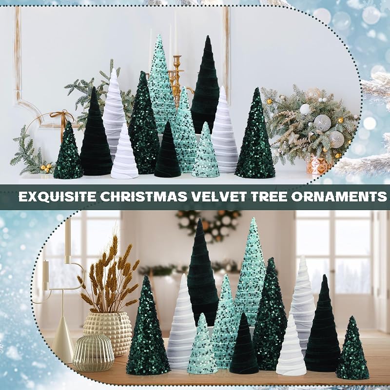 12 Pcs Velvet Cone Christmas Ornaments Set - Green, Light Green, White (Variation: Green, Light Green, White)