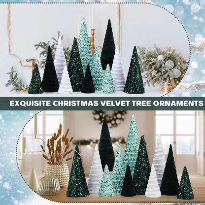 12 Pcs Velvet Cone Christmas Ornaments Set - Green, Light Green, White (Variation: Green, Light Green, White)