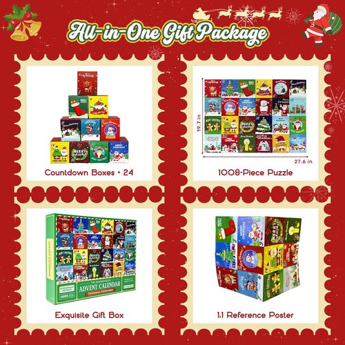 Advent Calendar 2024 | Kids Jigsaw Puzzle - 1008-Piece Christmas Countdown with 24 Cute Patterns, 27.6x19.7 In