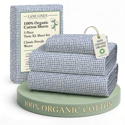 LANE LINEN 100% Organic Cotton Pre Washed Extra Long Twin Sheets Low Pill Fade Resistant Macine Wash Naturally Temperature Regulating Printed Cotton Sheets Twin XL Bed Sheets- Polka Dot Blue