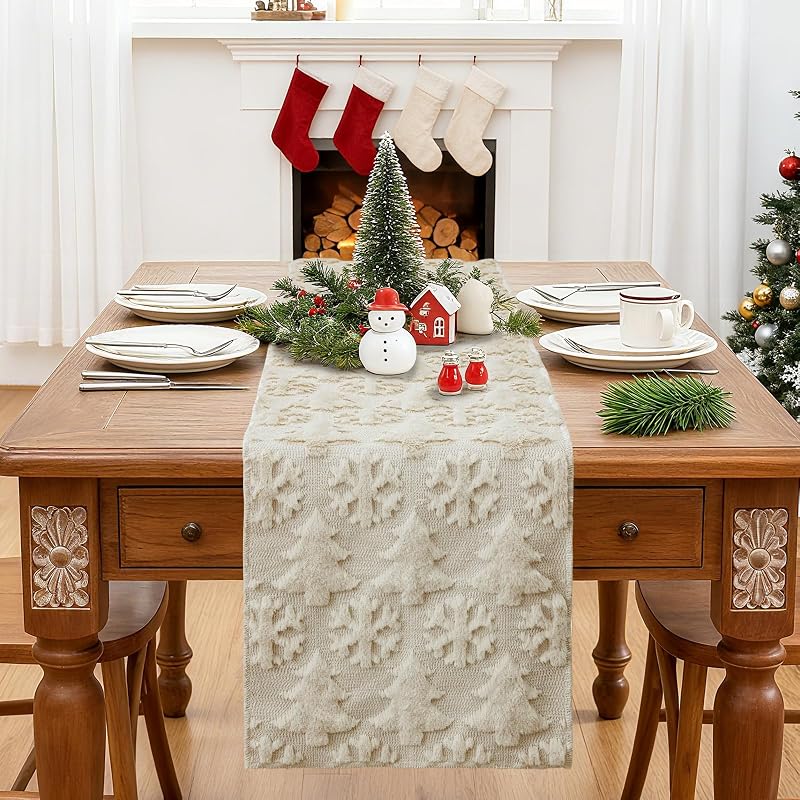 Christmas Table Runner 13x60 Inch Beige with 3D Tree & Snowflake Pattern – Faux Fur, Indoor/Outdoor Farmhouse Decor (Variation: Beige+Table Runner, 13" x 60")