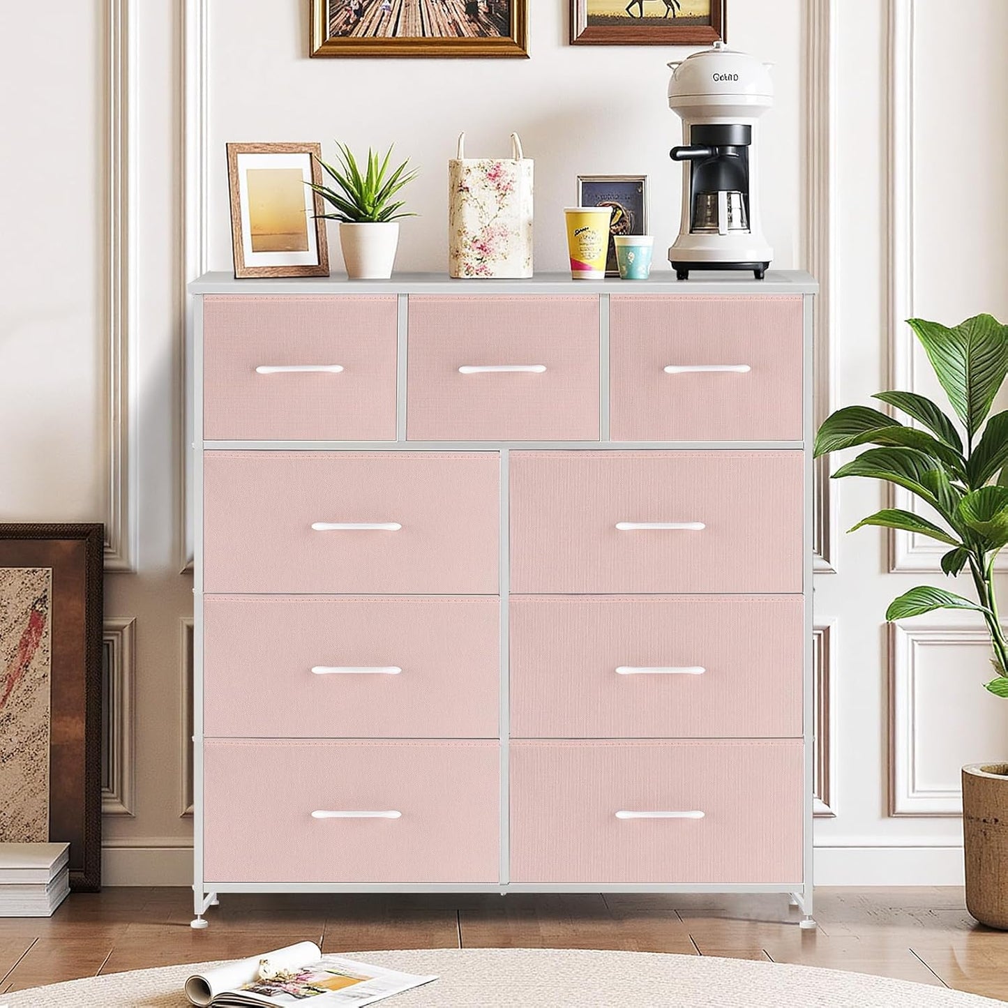 Regine Switzerland 9-Drawer Dresser - Anti-Tip Tall Storage Organizer with Wooden Top & Metal Frame | Pink