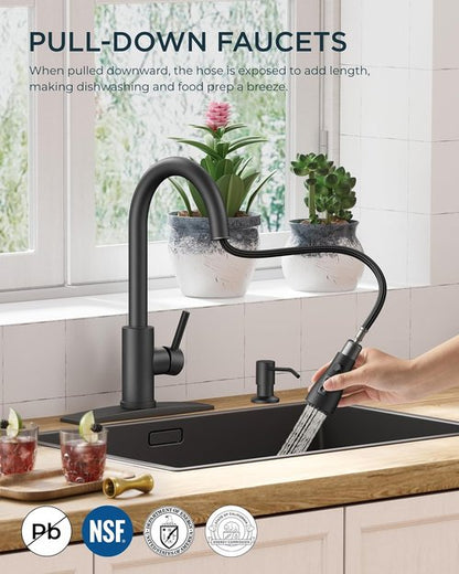 FORIOUS Black Kitchen Faucet - Pull Down Sprayer with Soap Dispenser | Classic High Arc Design for Farmhouse & RV