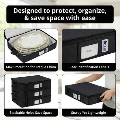 Platter Storage Containers - Hard Shell Protection for Fine China | Sturdy Dish Organizer with Dividers - Holds Up to 4 Platters (Black)