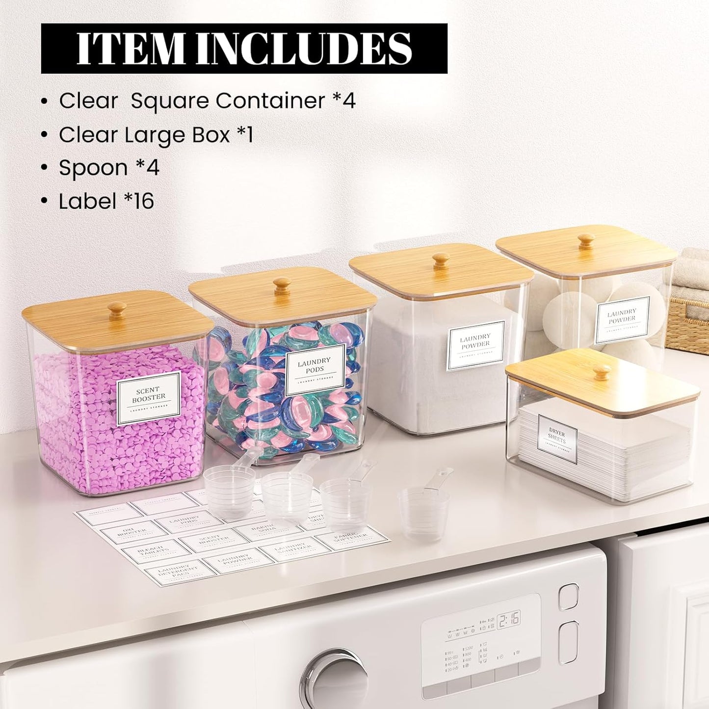 Skiennix Laundry Organization Containers - Clear Storage for Pods & Detergent | Large with Wooden Lids & Labels