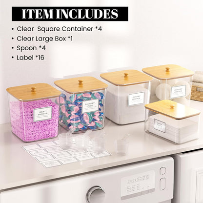 Skiennix Laundry Organization Containers - Clear Storage for Pods & Detergent | Large with Wooden Lids & Labels