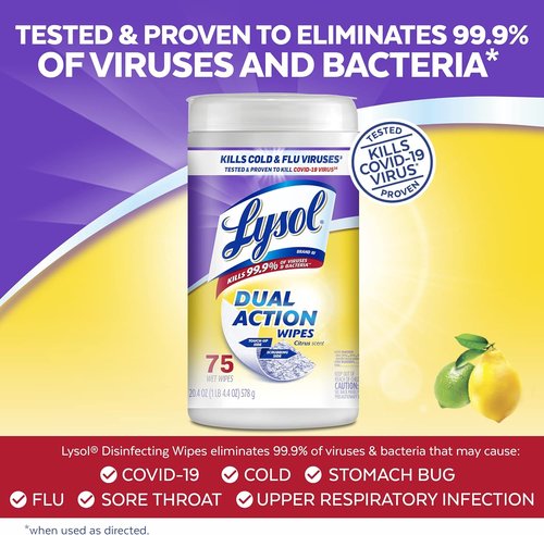 Lysol Dual Action Disinfectant Wipes - Multi-Surface Antibacterial Cleaning Wipes, Citrus Scent, 75ct