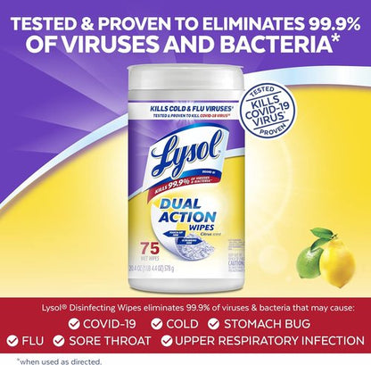 Lysol Dual Action Disinfectant Wipes - Multi-Surface Antibacterial Cleaning Wipes, Citrus Scent, 75ct