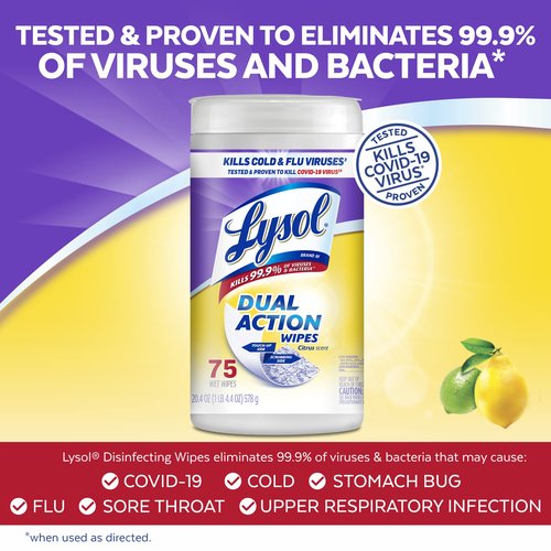 Lysol Dual Action Disinfectant Wipes, Multi-Surface Antibacterial Scrubbing Wipes, For Disinfecting and Cleaning, Citrus Scent, 75ct