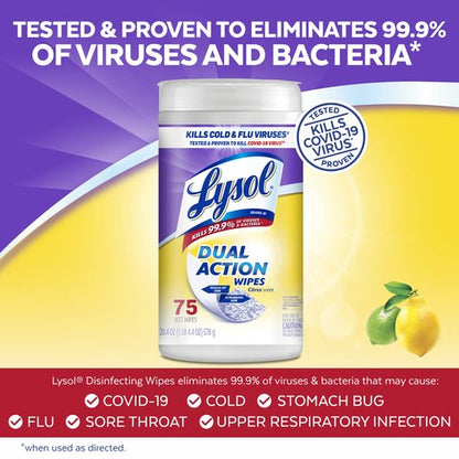 Lysol Dual Action Disinfectant Wipes, Multi-Surface Antibacterial Scrubbing Wipes, For Disinfecting and Cleaning, Citrus Scent, 75ct