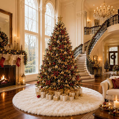 YEAHOME 72" White Faux Fur Christmas Tree Skirt – Snowy Plush Holiday Decor (Variation: White+72 inch)