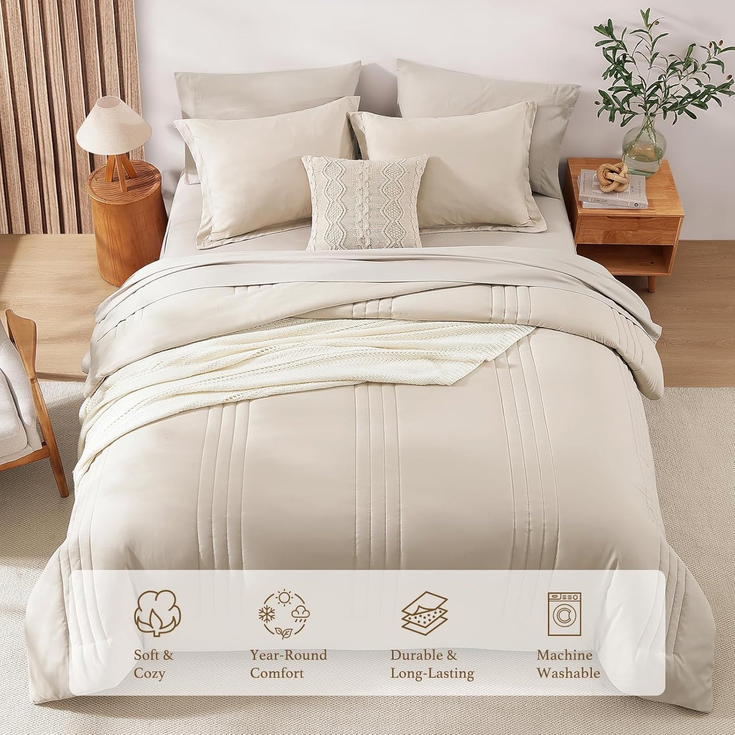 Monbix Queen Comforter Set - 7-Piece Beige Bedding Set | All-Season Comforter, Sheets & Pillowcases