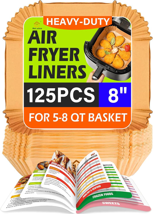 Skiennix Air Fryer Liners - 125 Pcs Non-Stick Parchment Paper | 8-Inch with Cooking Guide Booklet