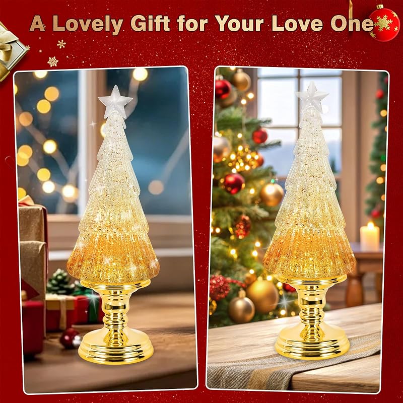 Christmas Tree Snow Globe Lantern with 6H Timer - USB & Battery Operated (Gold Tree)