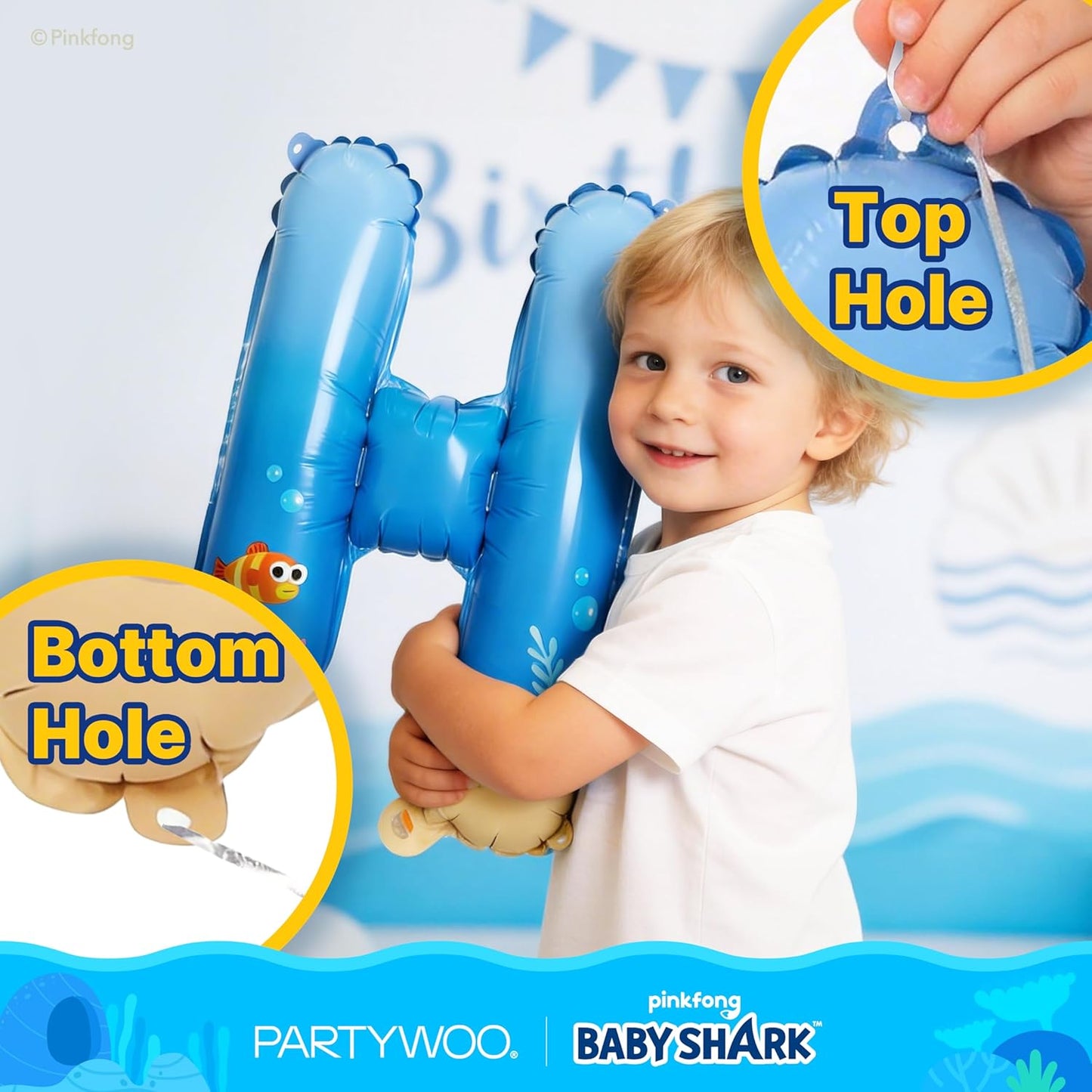 PartyWoo Baby Shark Blue Happy Birthday Banner - 16 Inch Mylar Foil Letter Balloons for Kids