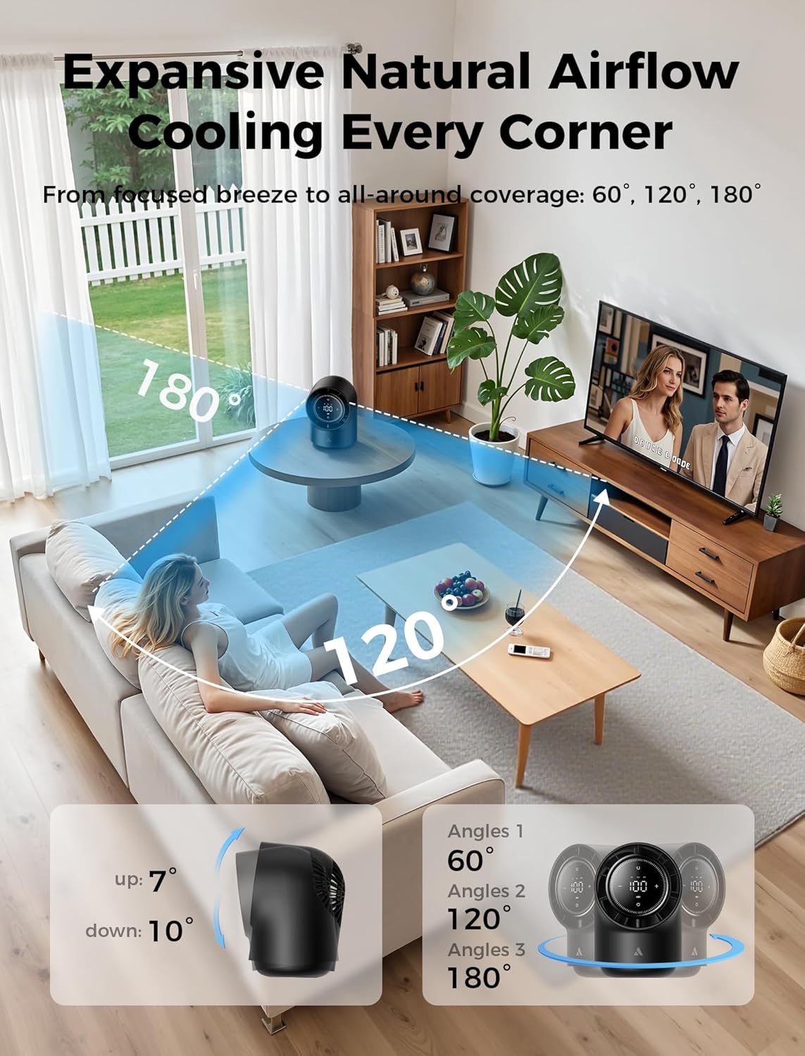 Aecooly Touch Control Desk Fan - 100 Speeds, Quiet Operation, 8000mAh Battery, 3 Oscillation Angles - Black