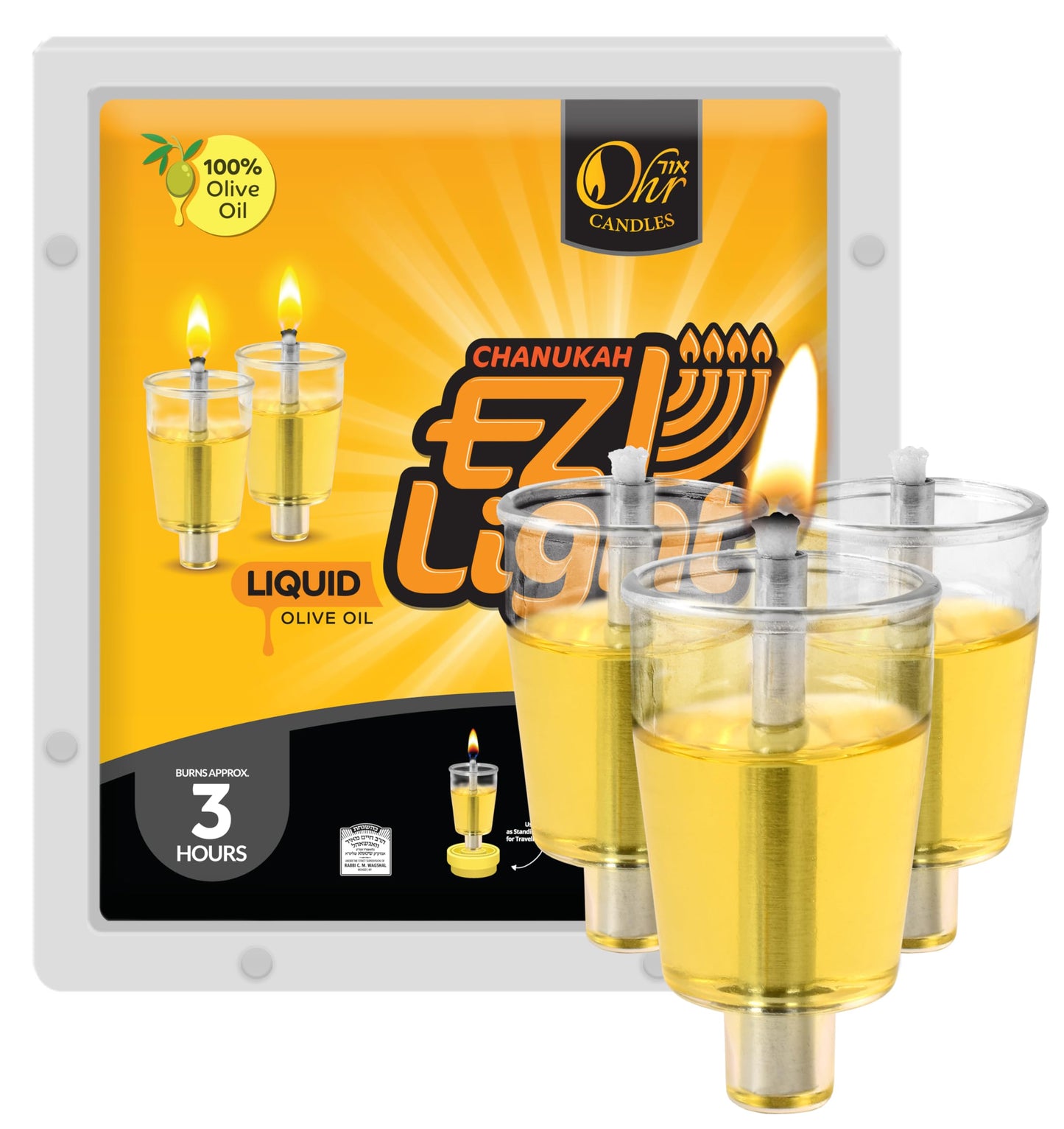 Pre-Filled Menorah Oil Cup Candles - Hanukkah EZ Lights - 100% Olive Oil with Cotton Wick in Cup - 44 Pack, Burns Approx.3 Hrs