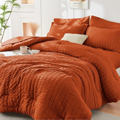 HYMOKEGE California King Comforter Set - Burnt Orange Seersucker 7-Piece Luxury Bedding Set