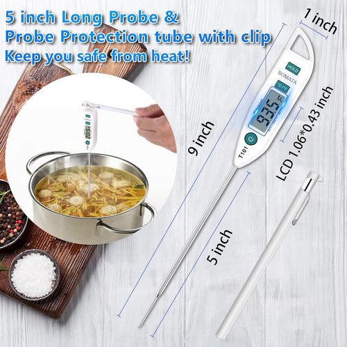 BOMATA Waterproof IPX7 Instant Read Food Thermometer - Long Probe for Cooking, Meat & BBQ | T101 White