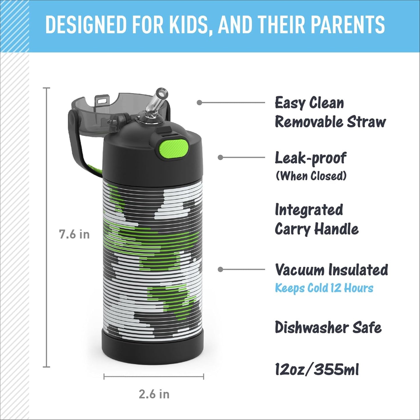 THERMOS FUNTAINER Water Bottle - 12 Ounce Kids Stainless Steel Vacuum Insulated with Straw | Inline Camo