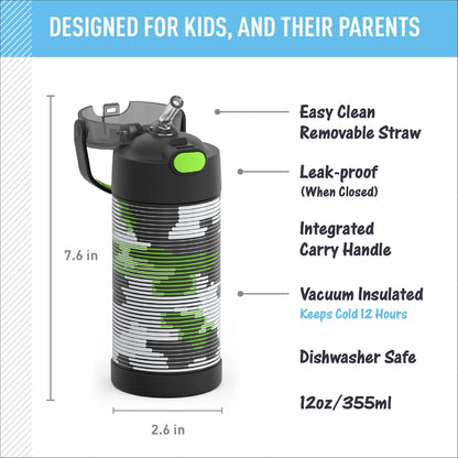THERMOS FUNTAINER Water Bottle - 12 Ounce Kids Stainless Steel Vacuum Insulated with Straw | Inline Camo
