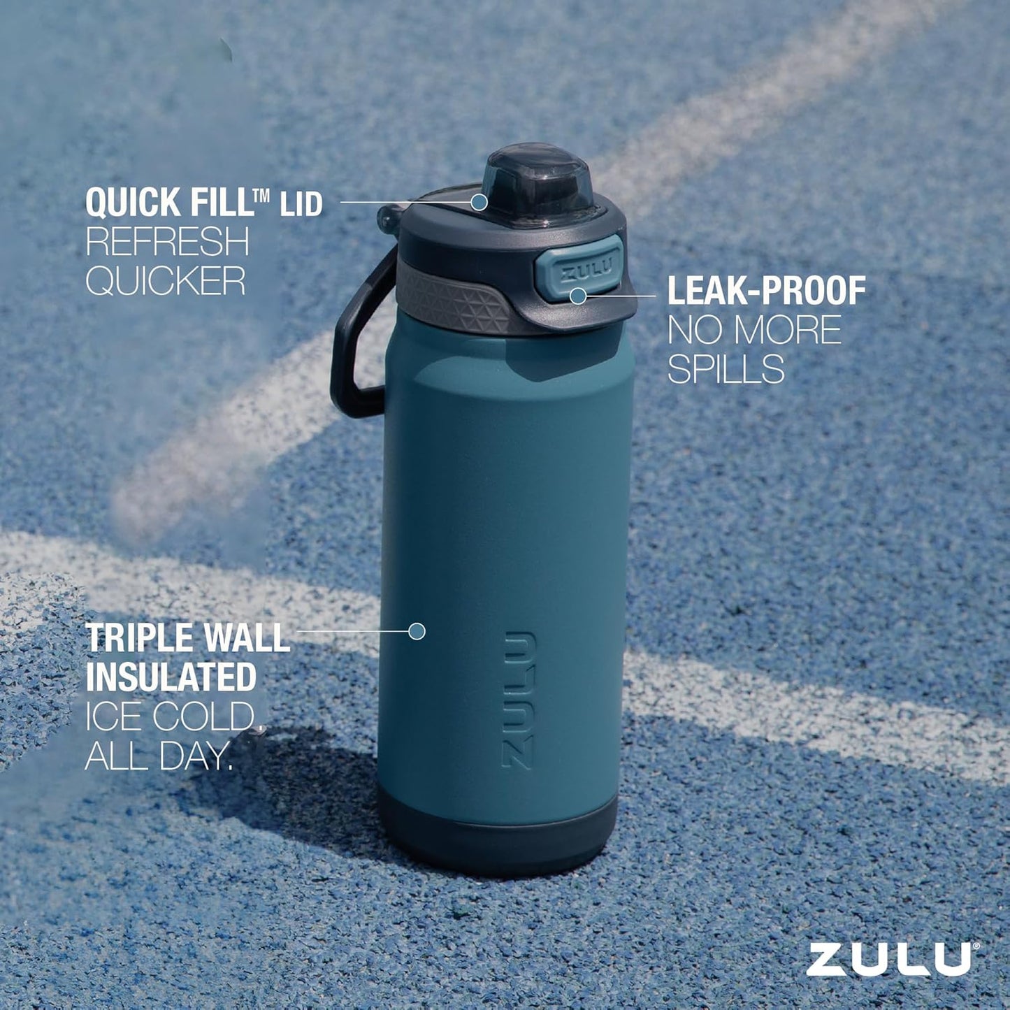 ZULU Powerfill Pro 18oz Stainless Steel Water Bottle - Quick Fill Lid, Triple Wall Insulation, Leak Proof, Midnight Storm