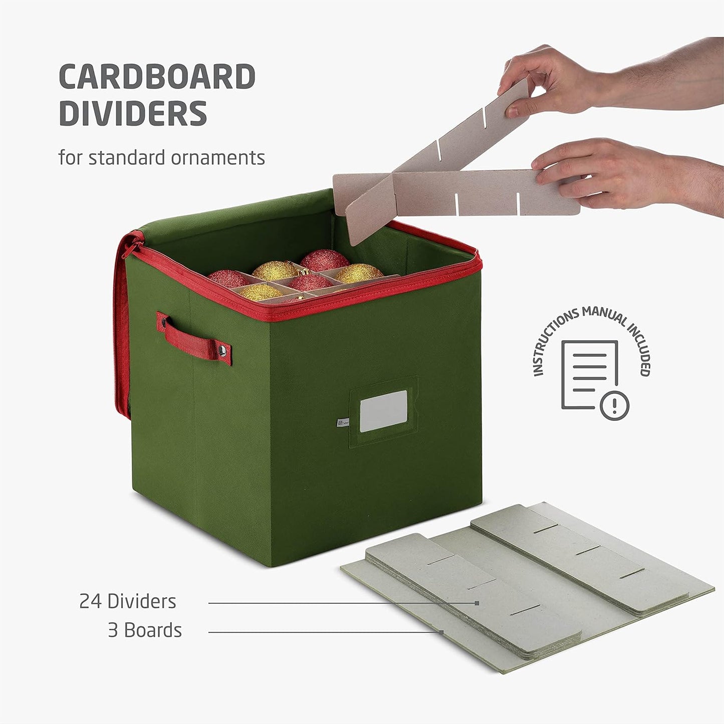 ZOBER Christmas Ornament Storage Box - Durable Organizer for 64 3" Ornaments - Green with Dividers