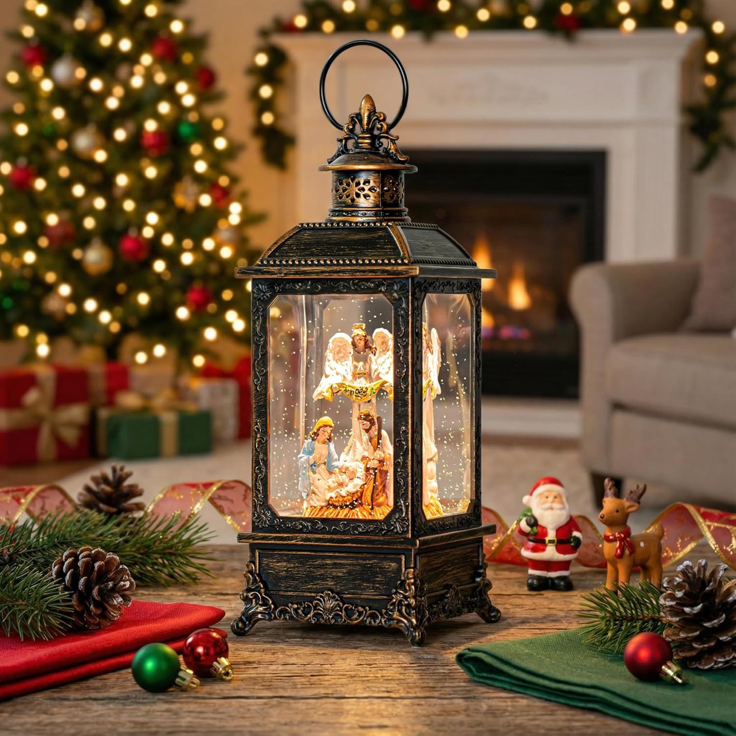 VISFLAIR Christmas Snow Globe - Lighted Angel & Nativity Scene | Musical Water Lantern, Battery or USB Powered Holiday Decor